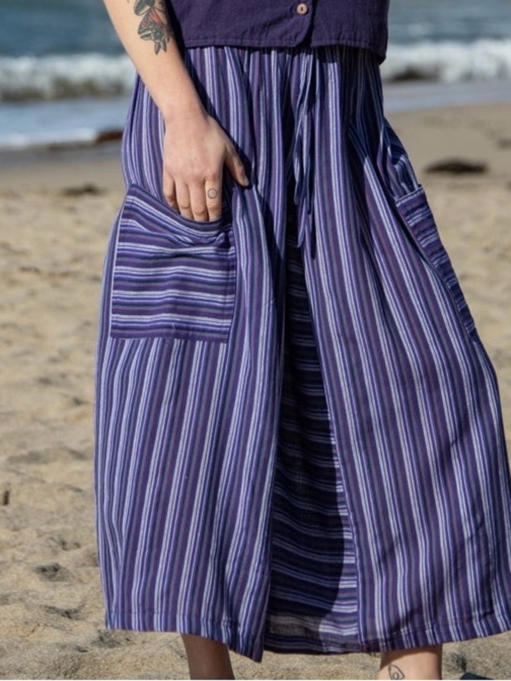 Zig Zag One Size Purple Striped Cotton Wide Leg Kurta Pants,side pockets NWT